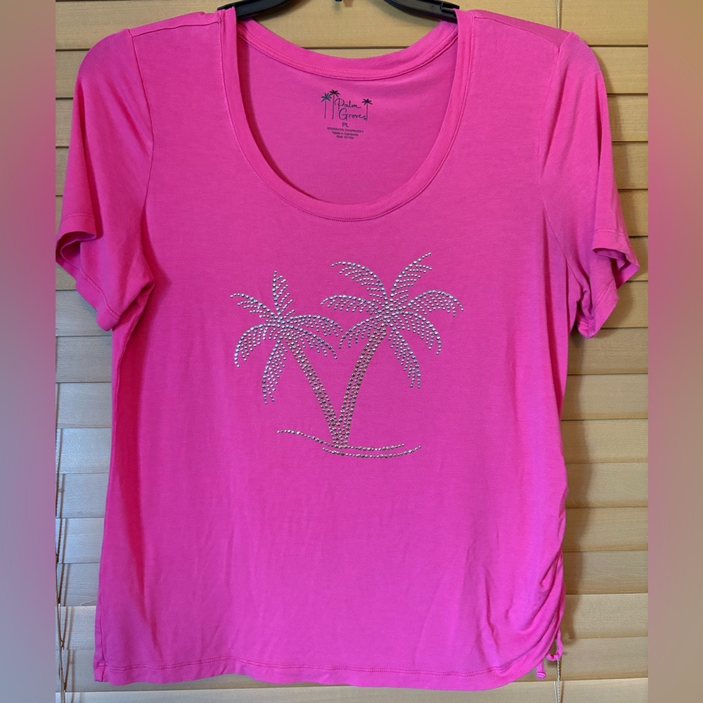 Palm Grove Cute Pink Palm Tree Women's Tee embellished with rhinestones. Size PL